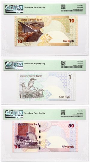 Qatar 1 - 50 Riyals 2008-2015 S/N 000094 PMG 65-68 Sup Gem Unc Lot of 3 pcs