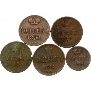Russia Denezhka & Kopeck 1851-1861 Lot of 5 coins
