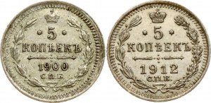 Rusko 5 kopějek 1900 СПБ-ФЗ & 1912 СПБ-ЭБ Sada 2 mincí