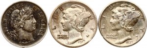 USA Dime 1901 - 1927 Sada 3 mincí