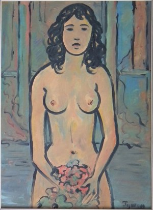 Tymon Niesiołowski(1882-1965),Nude of a girl with a bouquet of flowers