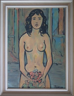 Tymon Niesiołowski(1882-1965),Nude of a girl with a bouquet of flowers