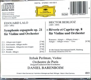 Hector Berlioz, Eduard Lalo, performed by Itzhak Perlman, conducted by Daniel Barenboim, published by Deutsche Grammophon, CD.