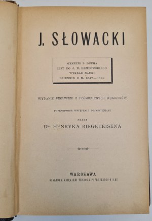 SŁOWACKI Juliusz - Genesis from the spirit, Letter to J.N.. Rembowski, Lecture on Science, Journal from 1847-1849, First edition from posthumous manuscripts, published in 1884