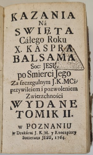 BALSAM Kasper - SACRATIONS FOR THE HOLIDAYS OF THE WHOLE YEAR Volume II Issue 1794.