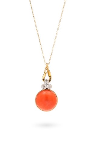 Pendentif avec corail et diamants, 2e moitié du 20e siècle, pr. '0.585' or