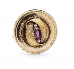 Brooch-pendant with garnet and pearls, late 19th century jewelry, pr. gold 