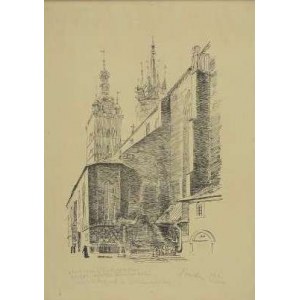 Jerzy PANEK (1918-2001), Widok na Kościół Mariacki w Krakowie od strony Placu Mariackiego