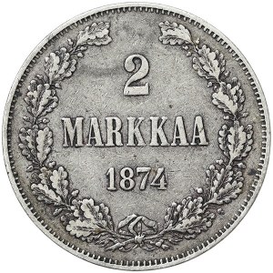 Finland, Russian Occupation, Alexander II, 2 Markka 1874, S