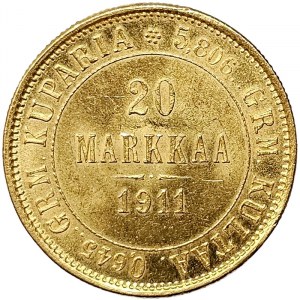 Finland, Russian Occupation, Nicholas II, 20 Markka 1911