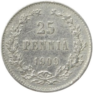 Finland, Russian Occupation, Nicholas II, 25 Pennia 1909, L