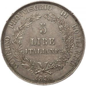 Milano, Lombardia, Governo provvisorio, 5 lire 1848