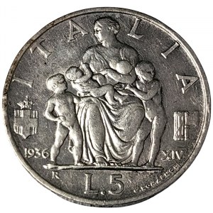 Kingdom of Italy, Vittorio Emanuele III, 5 Lire 1936, Rome