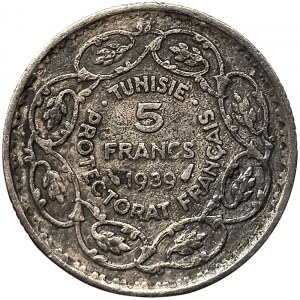 Tunisia, Ahmad II, 5 Francs 1939, A Paris