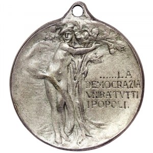 United States, Thomas Woodrow Wilson 28th President of the USA, Medal for the end of the WWI - 'Democracy will unite all peoples' (In italian) n.d.