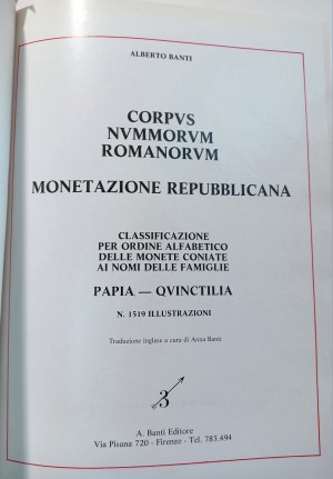 CORPUS NUMMORUM ROMANORUM MONETAZIONE REPUBBLICANA. BANTI ALBERTO. 1982.