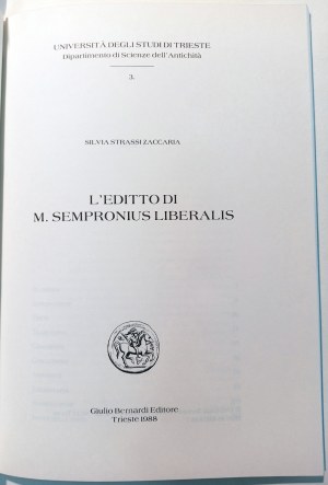 L'EDITTO DI M. SEMPRONIUS LIBERALIS. SILVIA STRASSI ZACCARIA. 1988.
