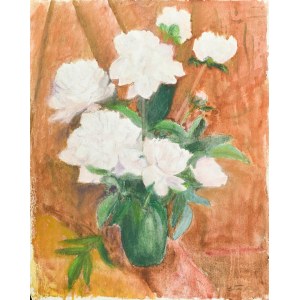 Władysław SERAFIN (1905-1988), Bladoróżowe peonie w zielonym wazonie na tle ugrowej tkaniny