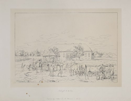 Albrecht ADAM (1786-1862), Dwór w Jachimiszkach na Litwie w 1812 (tyt. oryg. :”Jachimizki le 28 Juin”), ok. 1830