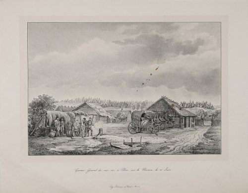 Albrecht ADAM (1786-1862), Wieś nad Niemnem w 1812 (tyt.oryg.: „Quartier General du vice Roi, a Piloni sur le Niemen, le 30 Juin