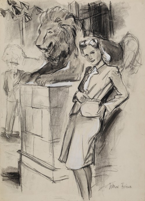 Victor FRIESE (1906-1969), Elegancka piękność pod rzeźbą lwa, lata 30-40 XX w.