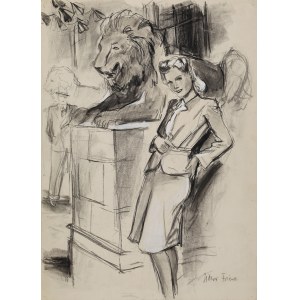 Victor FRIESE (1906-1969), Elegancka piękność pod rzeźbą lwa, lata 30-40 XX w.