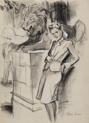 Victor FRIESE (1906-1969), Elegant beauty under a lion sculpture, 1930s-40s.