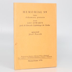 Memoriał 59 oraz inne dokumenty i wypowiedzi związane z obrona swobód obywatelskich i zmianą konstytucji PRL - zebrał i opracował J. Ptaczek [Monachium 1976]