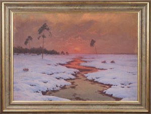 Jan GRUBIŃSKI (1874-1945), Pejzaż zimowy o zachodzie słońca