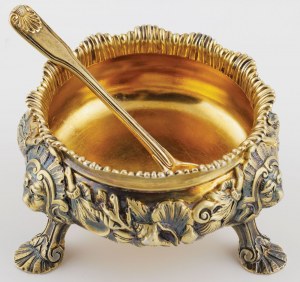 VICTORIAN SOLDIER WITH SPOONS, England, London, John Samuel Hunt, 1856, Silver, sample 925, gilded, weight 433 g, height 6.3, dia. 10.5 cm, spoon length 11.5 cm.