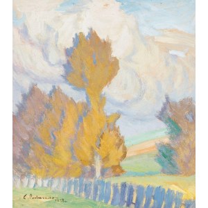 Zenobiusz PODUSZKO, KRAJINA S DRZEWAMI ZA PŁOTEM, 1938