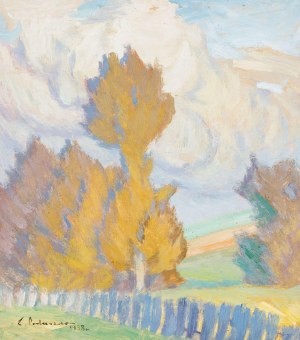 Zenobiusz PODUSZKO, PEJZAŻ Z DRZEWAMI ZA PŁOTEM, 1938