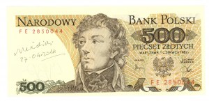 500 zlotých 1982 - série FE - autogram autora projektu Andrzeje Heidricha - RARE