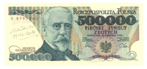 500 000 zlotých 1990 - Série K - autogram autora projektu Andrzeje Heidricha - RARE