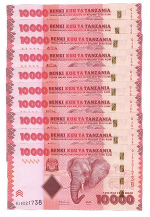 Tanzania, 10,000 shillings 2010, Q series, Set of 10 pieces numbers consecutively