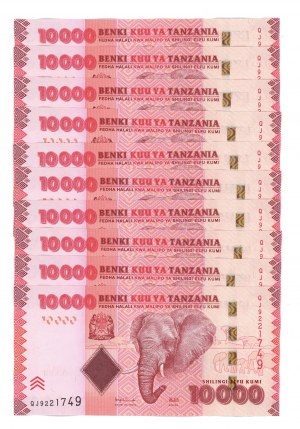 Tanzania, 10.000 scellini 2010, serie Q, - Set di 10 pezzi numero per numero