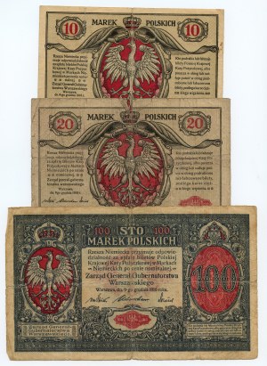 10, 20 and 100 Polish marks 1916