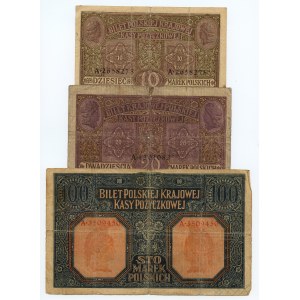 10, 20 oraz 100 marek polskich 1916