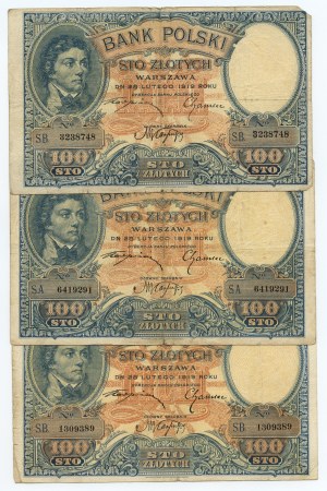 100 zlotých 1919, S.A., S.B. a S.C., sada 6 bankovek