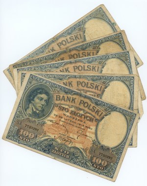 100 zloty 1919, S.A., S.B. and S.C., set of 5 banknotes