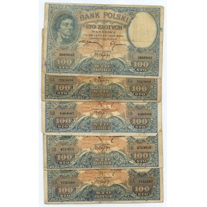 100 złotych 1919, S.A., S.B. oraz S.C., zestaw 5 sztuk banknotów