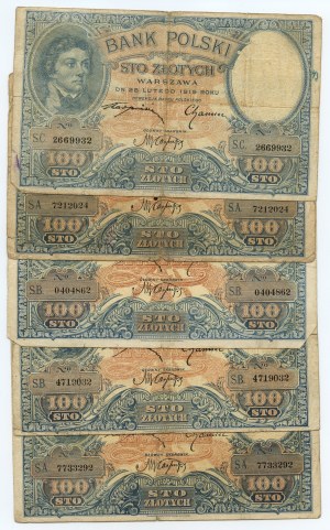 100 zloty 1919, S.A., S.B. and S.C., set of 5 banknotes