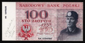 100 złotych 1966 z autografem Andrzeja Heidricha - rewers WYDRUKU projektu