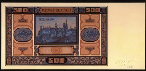 500 złotych 1962 z autografem Andrzeja Heidricha - rewers WYDRUKU projektu, DUŻY FORMAT