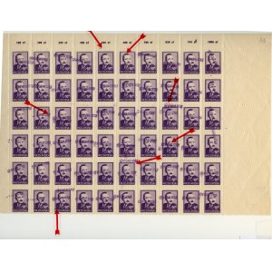 Zestaw znaczków - Bolesław Bierut 10 zł 1948 - podwójne pieczęcie groszy + puste, pieczęć PPF z tyłu