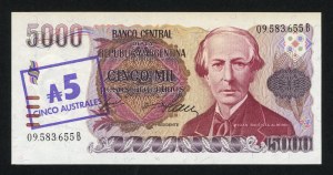 ARGENTINE, 5 000 pesos (1984-1985), autographe du designer Czesław Słani sur l'avers.