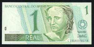 BRAZIL, 1 Real 1997, autograph of designer Czeslaw Slania on the reverse side