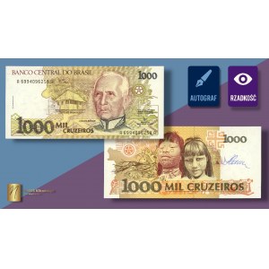 BRAZIL, 1,000 cruzeiros ND (1990), designer Czeslaw Slania's autograph on the reverse side