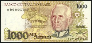 BRÉSIL, 1.000 cruzeiros ND (1990), autographe du designer Czeslaw Slania au verso