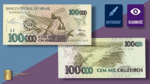 BRÉSIL, 100.000 cruzeiros 1993, autographe du designer Czeslaw Slania sur l'avers